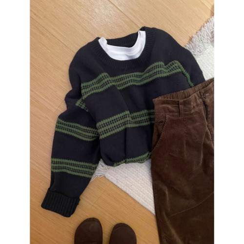 韓系綠色條紋撞色毛衣女秋冬高級感寬松慵懶風軟糯內搭針織衫上衣