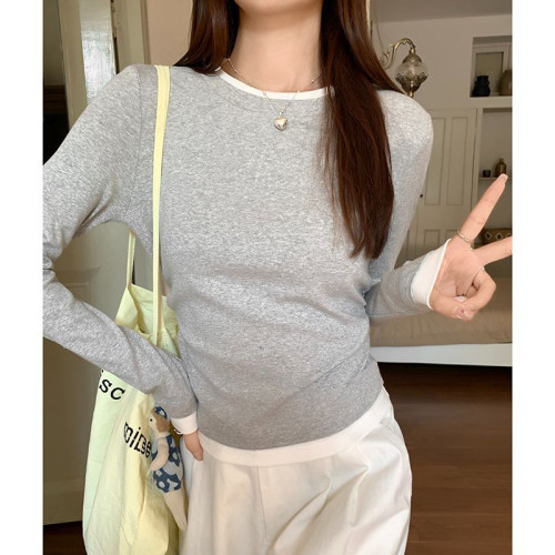 純欲圓領正肩假兩件長袖T恤打底女秋季褶皺彈力緊身收腰內搭