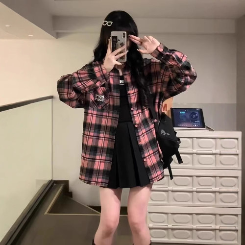 日系秋裝女裝格紋襯衣薄防曬衫外搭外套法式罩衫通勤休閒外搭