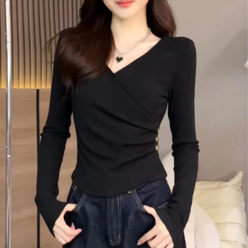 氣質V領上衣女春秋季2025新款長袖T恤純欲修身顯瘦內搭正肩打