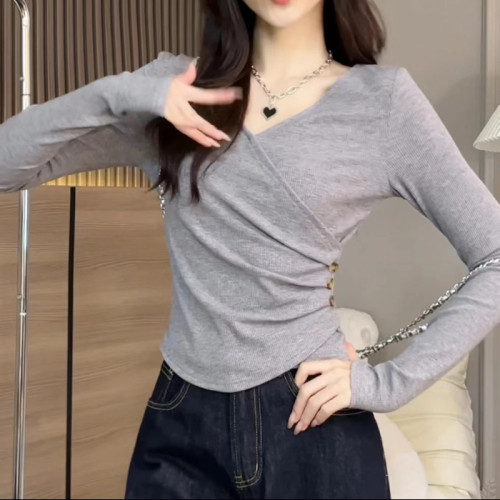 氣質V領上衣女春秋季2025新款長袖T恤純欲修身顯瘦內搭正肩打