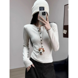 紐釦半開領長袖T恤女修身正肩打底衫2025春季韓版辣妹風內搭上衣