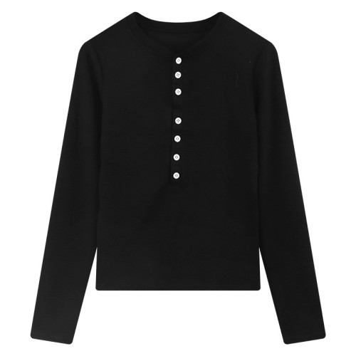 紐釦半開領長袖T恤女修身正肩打底衫2025春季韓版辣妹風內搭上衣 紐釦半開領長袖T恤女修身正肩打底衫2025春季韓版辣妹風內搭上衣