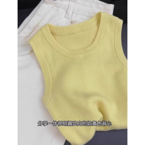 遮副乳外穿背心女夏季鵝黃色內搭修身顯瘦打底上衣純欲風針織吊帶