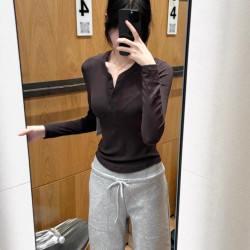 lulu fend 長袖亨利衫修身顯瘦套頭螺紋針織打底衫運動內搭女T恤