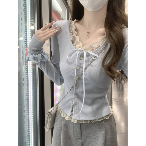 蕾絲拼接甜美假兩件長袖T恤女秋季小個子韓版純欲單排釦設計上衣 蕾絲拼接甜美假兩件長袖T恤女秋季小個子韓版純欲單排釦設計上衣