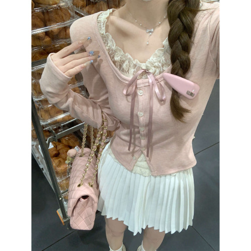 蕾絲拼接甜美假兩件長袖T恤女秋季小個子韓版純欲單排釦設計上衣 蕾絲拼接甜美假兩件長袖T恤女秋季小個子韓版純欲單排釦設計上衣