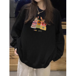 秋冬季新款趣味卡通貓咪印花設計感可愛百搭休閒外穿寬松長袖衛衣