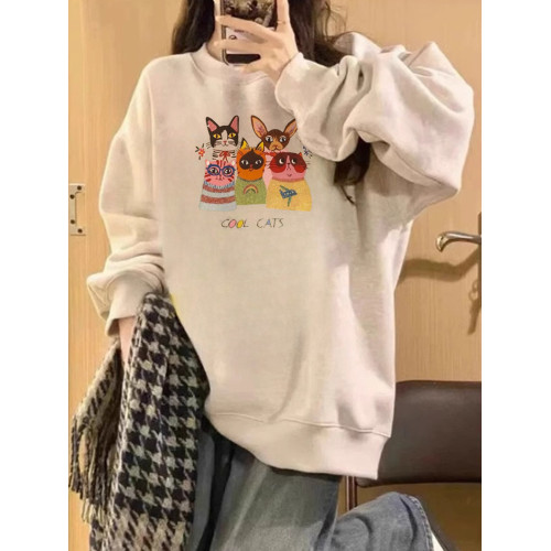 秋冬季新款趣味卡通貓咪印花設計感可愛百搭休閒外穿寬松長袖衛衣