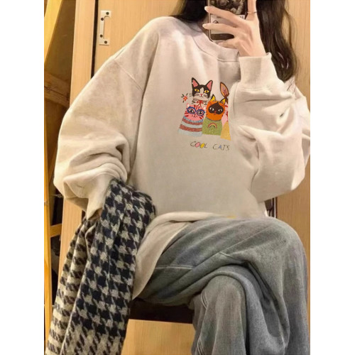 秋冬季新款趣味卡通貓咪印花設計感可愛百搭休閒外穿寬松長袖衛衣