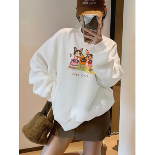 秋冬季新款趣味卡通貓咪印花設計感可愛百搭休閒外穿寬松長袖衛衣