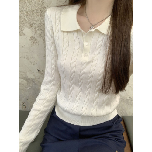 韓版復古麻花polo領毛針織衫秋季新款小衆打底毛衣長袖短款上衣女