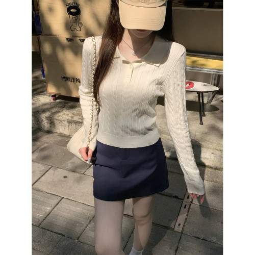 韓版復古麻花polo領毛針織衫秋季新款小衆打底毛衣長袖短款上衣女
