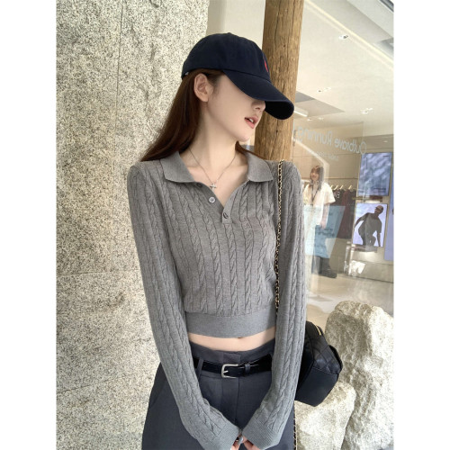 韓版復古麻花polo領毛針織衫秋季新款小衆打底毛衣長袖短款上衣女