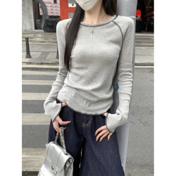 韓版氣質修身圓領插肩反線設計感長袖T恤女春秋季2025打底衫上衣