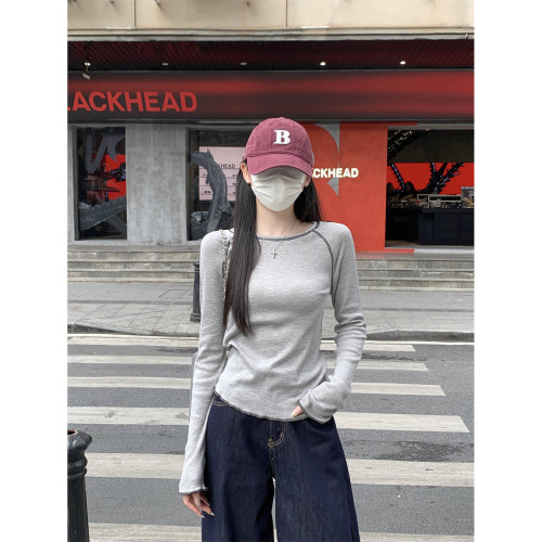 韓版氣質修身圓領插肩反線設計感長袖T恤女春秋季2025打底衫上衣 韓版氣質修身圓領插肩反線設計感長袖T恤女春秋季2025打底衫上衣