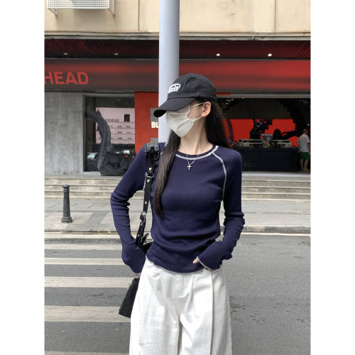 韓版氣質修身圓領插肩反線設計感長袖T恤女春秋季2025打底衫上衣 韓版氣質修身圓領插肩反線設計感長袖T恤女春秋季2025打底衫上衣