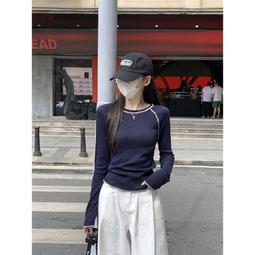 韓版氣質修身圓領插肩反線設計感長袖T恤女春秋季2025打底衫上衣 韓版氣質修身圓領插肩反線設計感長袖T恤女春秋季2025打底衫上衣