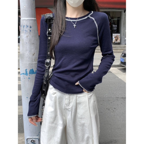 韓版氣質修身圓領插肩反線設計感長袖T恤女春秋季2025打底衫上衣 韓版氣質修身圓領插肩反線設計感長袖T恤女春秋季2025打底衫上衣