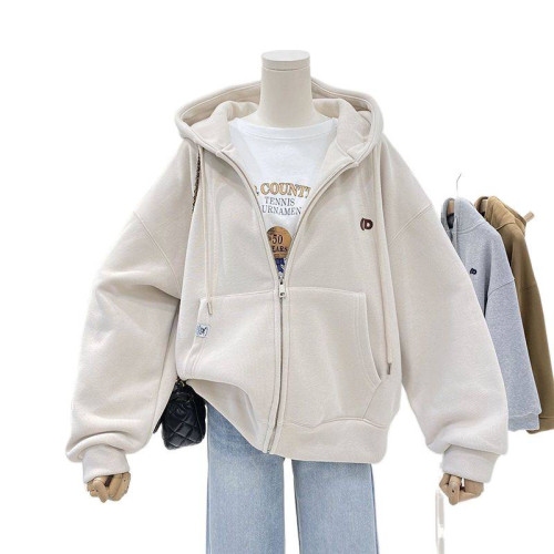 加絨加厚連帽衛衣女秋冬簡約百搭寬鬆休閒oversize拉鍊開衫外套潮