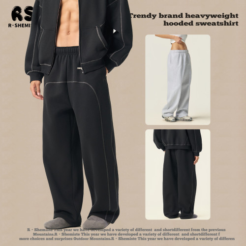 RS男裝|350G哈蘇線男士衛褲抓絨撞色美式休閒松緊濶腿衛褲男