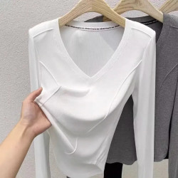 秋冬款v領設計領純棉長袖t恤女早秋寬松休閒百搭防曬罩衫打底上衣