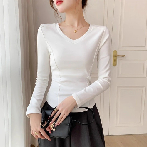 秋冬款v領設計領純棉長袖t恤女早秋寬松休閒百搭防曬罩衫打底上衣 秋冬款v領設計領純棉長袖t恤女早秋寬松休閒百搭防曬罩衫打底上衣