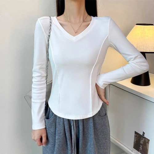 秋冬款v領設計領純棉長袖t恤女早秋寬松休閒百搭防曬罩衫打底上衣 秋冬款v領設計領純棉長袖t恤女早秋寬松休閒百搭防曬罩衫打底上衣