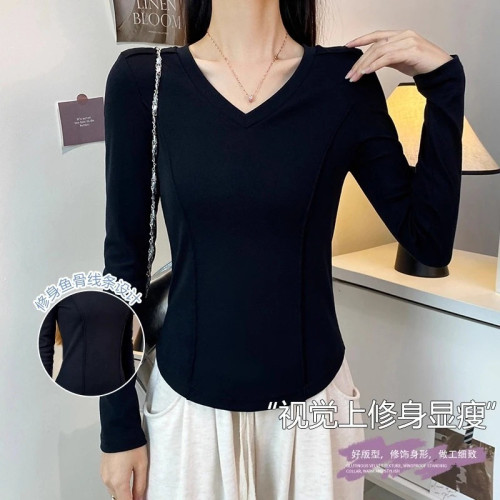 秋冬款v領設計領純棉長袖t恤女早秋寬松休閒百搭防曬罩衫打底上衣 秋冬款v領設計領純棉長袖t恤女早秋寬松休閒百搭防曬罩衫打底上衣