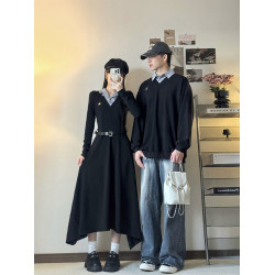 情侶裝2025新款秋季法式赫本風一裙一衣收腰顯瘦Polo領連衣裙潮流