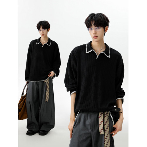 V37老錢風慵懶感翻領打底衛衣男款秋季美式肌理感潮牌撞色長袖T恤 V37老錢風慵懶感翻領打底衛衣男款秋季美式肌理感潮牌撞色長袖T恤