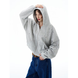 尾郎的店秋冬美式復古燙鑽開衫拉鍊衛衣男女設計感小衆外套情侶潮