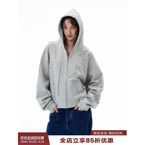 尾郎的店秋冬美式復古燙鑽開衫拉鍊衛衣男女設計感小衆外套情侶潮 尾郎的店秋冬美式復古燙鑽開衫拉鍊衛衣男女設計感小衆外套情侶潮