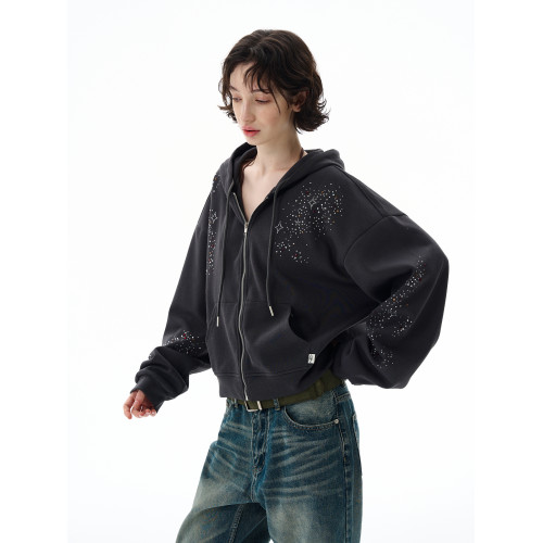 尾郎的店秋冬美式復古燙鑽開衫拉鍊衛衣男女設計感小衆外套情侶潮 尾郎的店秋冬美式復古燙鑽開衫拉鍊衛衣男女設計感小衆外套情侶潮