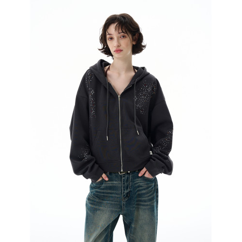 尾郎的店秋冬美式復古燙鑽開衫拉鍊衛衣男女設計感小衆外套情侶潮 尾郎的店秋冬美式復古燙鑽開衫拉鍊衛衣男女設計感小衆外套情侶潮