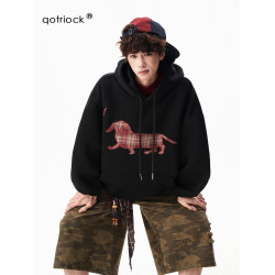 「格子小狗」貼布綉連帽衛衣男女秋季慵懶套頭衫chic復古寬松外套