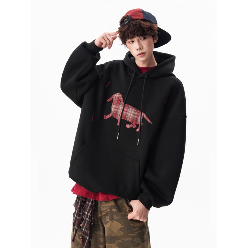 「格子小狗」貼布綉連帽衛衣男女秋季慵懶套頭衫chic復古寬松外套 「格子小狗」貼布綉連帽衛衣男女秋季慵懶套頭衫chic復古寬松外套