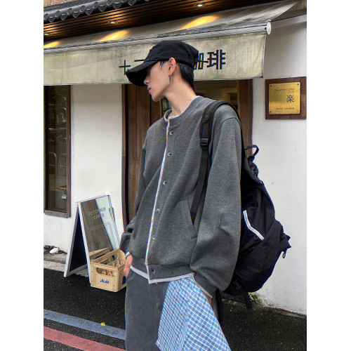 逃離光復南 復古美式假兩件撞色開衫外套男女休閒松弛感圓領上衣 逃離光復南 復古美式假兩件撞色開衫外套男女休閒松弛感圓領上衣