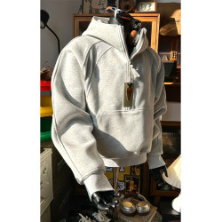 白花灰高領半拉鍊衛衣男款連帽秋季cleanfit美式重磅boxy短款外套