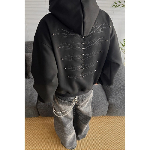 設計感痞帥鉚釘拼接連帽衛衣男女春秋季美式高街小衆情侶開衫外套 設計感痞帥鉚釘拼接連帽衛衣男女春秋季美式高街小衆情侶開衫外套