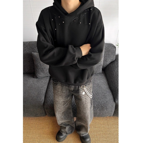 設計感痞帥鉚釘拼接連帽衛衣男女春秋季美式高街小衆情侶開衫外套 設計感痞帥鉚釘拼接連帽衛衣男女春秋季美式高街小衆情侶開衫外套