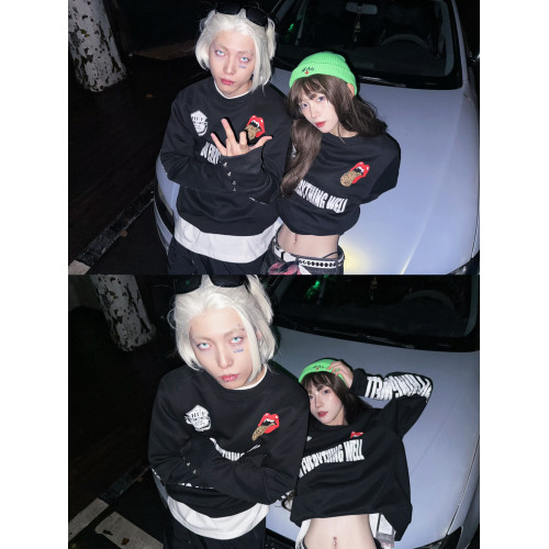 DETW 25AW*原創小衆輕亞豹紋趣味舌頭印花鉚釘設計感長袖衛衣男女