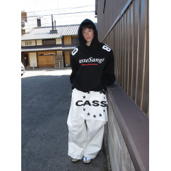 CasseSango 高克重戴帽橄欖服寬肩結搆印花撞色寬松街頭連帽衛衣