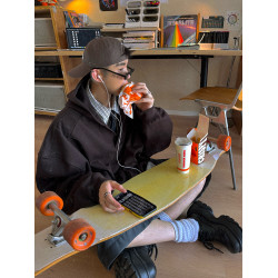 Aurocean V領學院連帽衛衣 440克重磅純棉寬短廓形深咖色帽衫