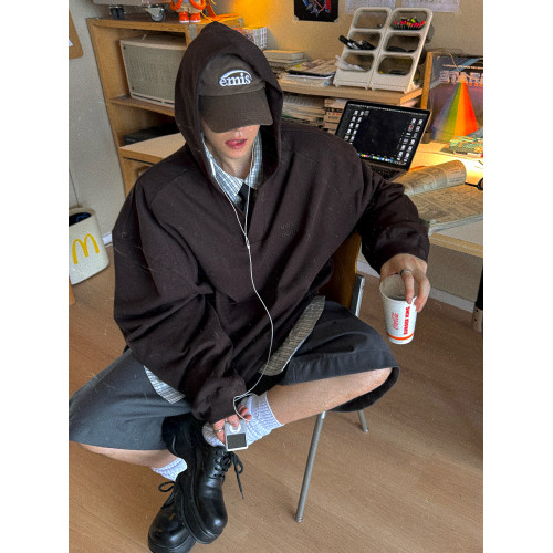 Aurocean V領學院連帽衛衣 440克重磅純棉寬短廓形深咖色帽衫 Aurocean V領學院連帽衛衣 440克重磅純棉寬短廓形深咖色帽衫