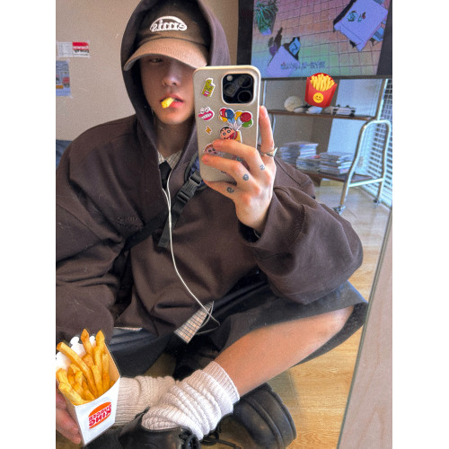 Aurocean V領學院連帽衛衣 440克重磅純棉寬短廓形深咖色帽衫 Aurocean V領學院連帽衛衣 440克重磅純棉寬短廓形深咖色帽衫