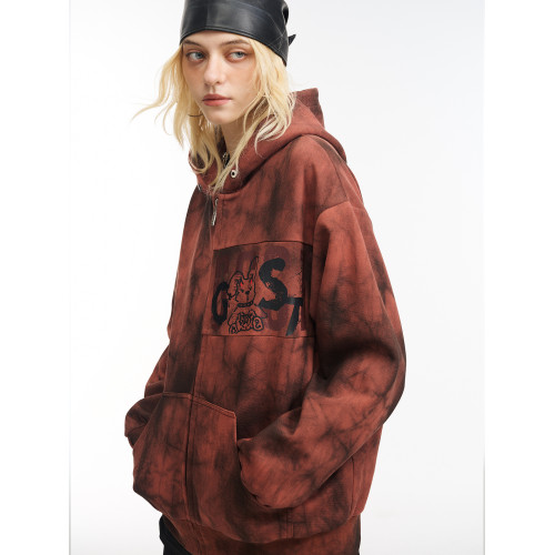 GOST美式復古惡魔角小兔斑駁迷彩拉鍊衛衣女連帽衫情侶款開衫外套 GOST美式復古惡魔角小兔斑駁迷彩拉鍊衛衣女連帽衫情侶款開衫外套