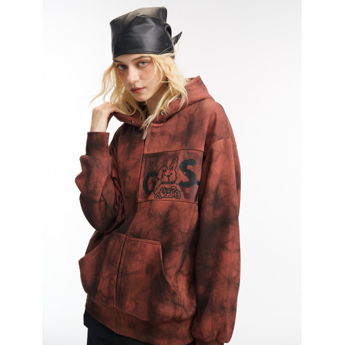 GOST美式復古惡魔角小兔斑駁迷彩拉鍊衛衣女連帽衫情侶款開衫外套 GOST美式復古惡魔角小兔斑駁迷彩拉鍊衛衣女連帽衫情侶款開衫外套