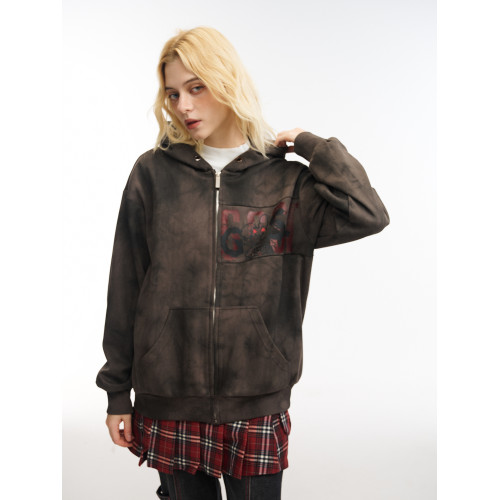 GOST美式復古惡魔角小兔斑駁迷彩拉鍊衛衣女連帽衫情侶款開衫外套 GOST美式復古惡魔角小兔斑駁迷彩拉鍊衛衣女連帽衫情侶款開衫外套