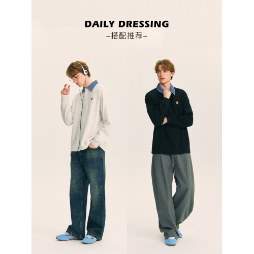 英國小狐狸2025年秋季都市學院風撞色襯衫翻領親膚短絨衛衣男女款